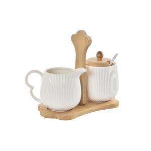 Items luxe Melk en Suikerpot Porselein/bamboe hout - wit - 20 x 11 cm -
