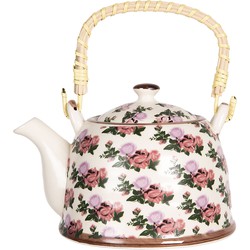 Clayre & Eef Theepot met Filter 600 ml Beige Roze Porselein Rond Bloemen Theekan Cadeau voor haar Chinese Theepot