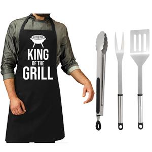 Trendoz BBQ/barbecue gereedschap set 3-delig RVS met zwart schort King of the grill - Barbecuegereedschapset