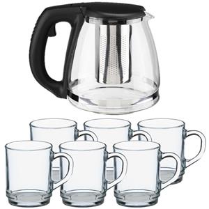 Glazen theepot met filter/infuser van 1,2 liter met 6x stuks theeglazen van 260 ml -