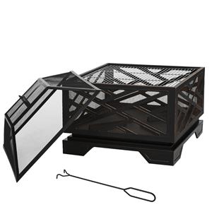 Outsunny Holzkohlegrill Feuerschale mit Funkenschutz, Grillrost, Schürhaken, Feuerstelle, Feuerkorb, 2-in-1 BBQ Grill