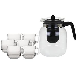 Glazen theepot met filter/infuser van 1,5 liter met 6x stuks theeglazen van 220 ml -