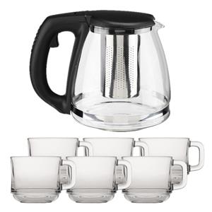 Glazen theepot met filter/infuser van 1,2 liter met 6x stuks theeglazen van 220 ml -