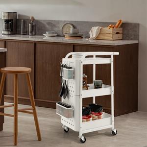 costway 3 Tier Trolley Metalen Trolley met 2 Pegboards & 2 Manden & 4 Haken Wit