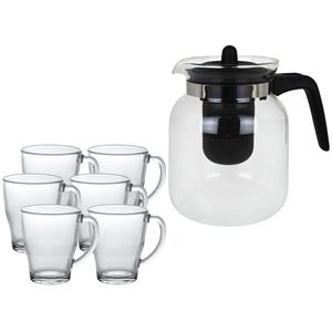 Glazen theepot met filter/infuser van 1,5 liter met 6x stuks theeglazen van 350 ml -