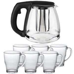 Glazen theepot met filter/infuser van 1,2 liter met 6x stuks theeglazen van 350 ml -