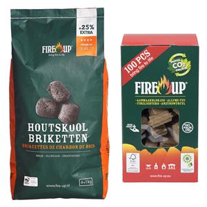 Fire up BBQ starterspakket - houtskool briketten 5 kilo - barbecue aanmaakblokjes 100x -