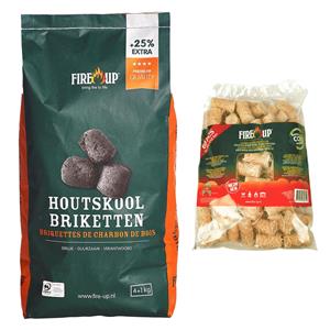 Fire up BBQ starterspakket - houtskool briketten 5 kilo - barbecue aanmaak houtwolkrullen 60x -