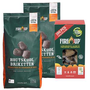 Fire up BBQ starterspakket - houtskool briketten 10 kilo - barbecue aanmaakblokjes 100x -