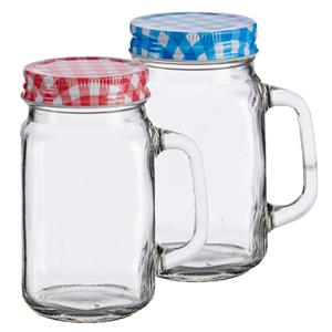 Vivalto Set van 2x stuks glazen Mason Jar drinkbekers/drinkpotjes met gekleurde dop 430 ml -