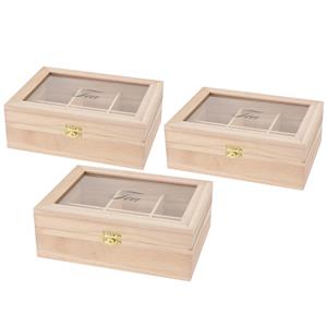 3x stuks houten theedoos 6-vaks 21 x 16 x 8 cm -