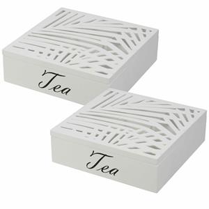 Excellent Houseware Theedoos/theekist - 2x stuks - 9 vaks - Hout - Wit -