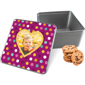 Koektrommel Lovely Dots met eigen foto - vierkant 20 x 20 x 10 cm