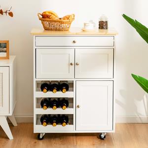 Costway Keukentrolley met Rubberen Houten Blad Lade 3 Rijen Wijnrekken 2 Kasten Rollend Opslag Trolley Kar Wit 67 x 37 x 86 cm