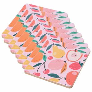 Onderzetters voor glazen - 12x - tropical fruit - roze - hout - 10 x 10 cm -