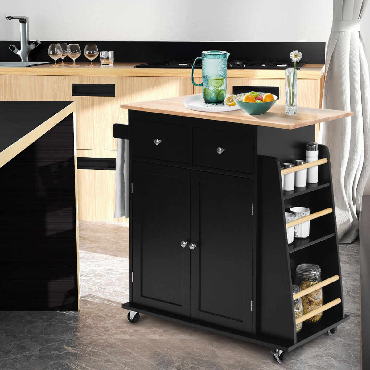 costway Kookeiland met Opbergruimte Rolling Rubber Wood Serving Trolley 88 x 46 x 89,5 cm Zwart