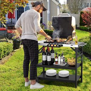 Costway Grilltafel met 3 Planken Grillwagen met Verstelbare Plank Kruidenrek Handdoekenrek Tissuerek Platte Roestvrijstalen Tafel op Wielen