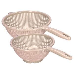 PlasticForte Keuken vergieten/zeef met steel - 2x stuks - kunststof - Dia 22 en 24 cm - beige -