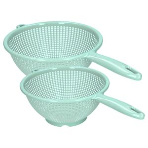 PlasticForte Keuken vergieten/zeef met steel - 2x stuks - kunststof - Dia 22 en 24 cm - mintgroen -