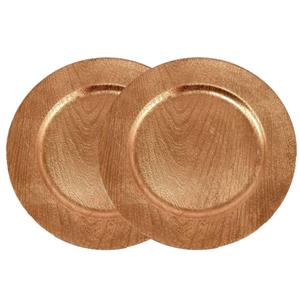 Gerimport Kerstdiner onderborden - 2x - rond - goud - houtlook - D33 cm -