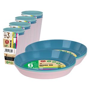 Juypal Hogar Servies set - 12x borden en drinkbekers - pasteltinten - kunststof - herbruikbaar -