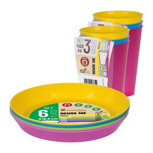 Juypal Hogar Servies set - 6x borden en drinkbekers - multi - kunststof - herbruikbaar -