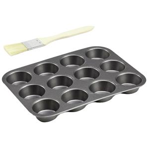 Merkloos Muffins/cupcakes bakvorm/bakblik 26 x 20 cm - voor 12x stuks incl. beuken houten invetborstel -