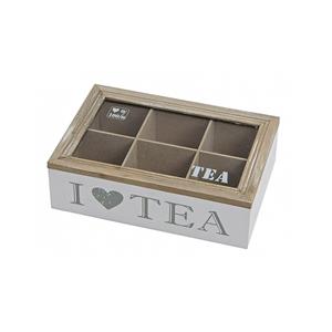 Merkloos Witte houten theedoos met 6 vakken I love tea -