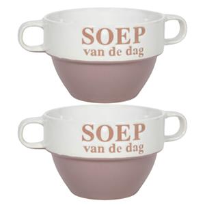 Merkloos Soepkommen - 2x - Soep van de dag - keramiek - D12 x H8 cm - oud roze - Stapelbaar -