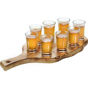 Kesper Shotjes glazen 8 cm op serveerplank 17 x x 2 cm -