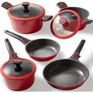 STONELINE Topf-Set, Aluminiumguss (Kochgeschirr-Set, 8-tlg., 3 Töpfe, 2 Pfannen, 3 Deckel, 4 abnehmbare Seitengriffe), mit echten Steinpartikeln, induktionsgeeignet, Designed in Germany