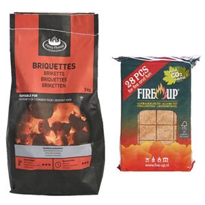 Fire up BBQ starterspakket - houtskool briketten 3 kilo - barbecue aanmaakblokjes 28x -