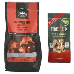 Fire up BBQ starterspakket - houtskool briketten 3 kilo - barbecue aanmaak houtwolkrullen 25x -