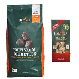 Fire up BBQ starterspakket - houtskool briketten 5 kilo - barbecue aanmaak houtwolkrullen 25x -