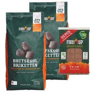 Fire up BBQ starterspakket - houtskool briketten 10 kilo - barbecue aanmaakblokjes 32x -