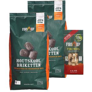 Fire up BBQ starterspakket - houtskool briketten 10 kilo - barbecue aanmaak houtwolkrullen 25x -