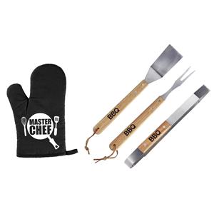 Merkloos Luxe barbecue gereedschap set met houten handgrepen 3-delig RVS met BBQ handschoen Masterchef -