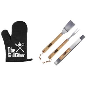 Merkloos Luxe barbecue gereedschap set met houten handgrepen 3-delig RVS met BBQ handschoen The Grillfather -