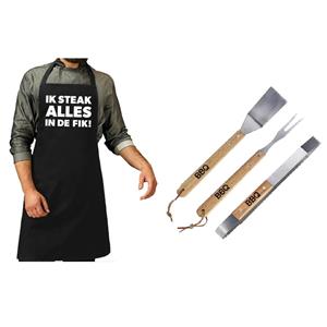 Merkloos Luxe barbecue gereedschap set met houten handgrepen 3-delig RVS met zwart schort Ik steak alles in d -