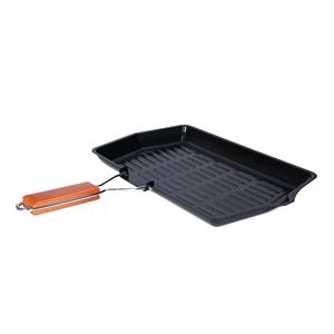 Zwarte metalen grillpan x 45 cm met inklapbaar houten handvat -