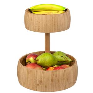 5five Fruitschaal/fruitmand Bali - bamboe hout - D29 x H35 cm - bruin - 2 niveaus opslag -