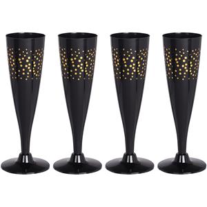 Excellent Houseware EH Prosecco/champagneglazen - 4x - zwart/goud - kunststof - 130 ml - herbruikbaar -