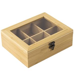 HI Theedoos/opbergdoos - 6-vaks - bamboe hout - 21 x 17 x 8 cm -