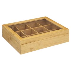 5five Theedoos/opbergkistje lichtbruin - 12-vaks - Bamboe hout - 23 x 28 x 7 cm - Zelf indeelbaar -