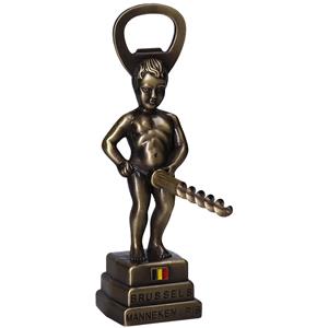 Merkloos Manneke Pis flesopener/kurkentrekker - wijnflessen openener - goud - 13 cm - metaal -