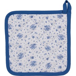 Clayre & Eef Pannenlap 20x20 cm Wit Blauw Katoen Vierkant Roosjes