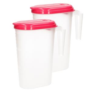 PlasticForte 2x stuks waterkan/sapkan transparant/fuschia roze met deksel 1.6 liter kunststof -