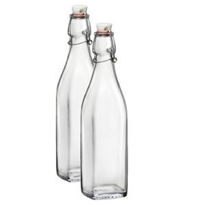 Bormioli Rocco 2x Beugelflessen/weckflessen transparant 1 liter vierkant -