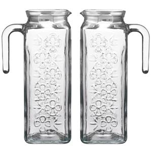 LAV Waterkan/sapkan karaf - 2x - gedecoreerd glas - transparant - met kunststof deksel - 1.2 liter -