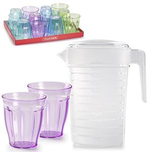Forte Plastics Water/limonade schenkkan 2 liter met 12x kunststof glazen voordeelset -